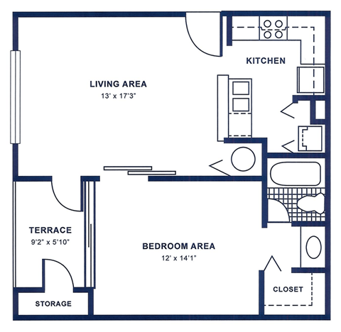 a floor plan of a house with a bedroom and a living area and a kitchen